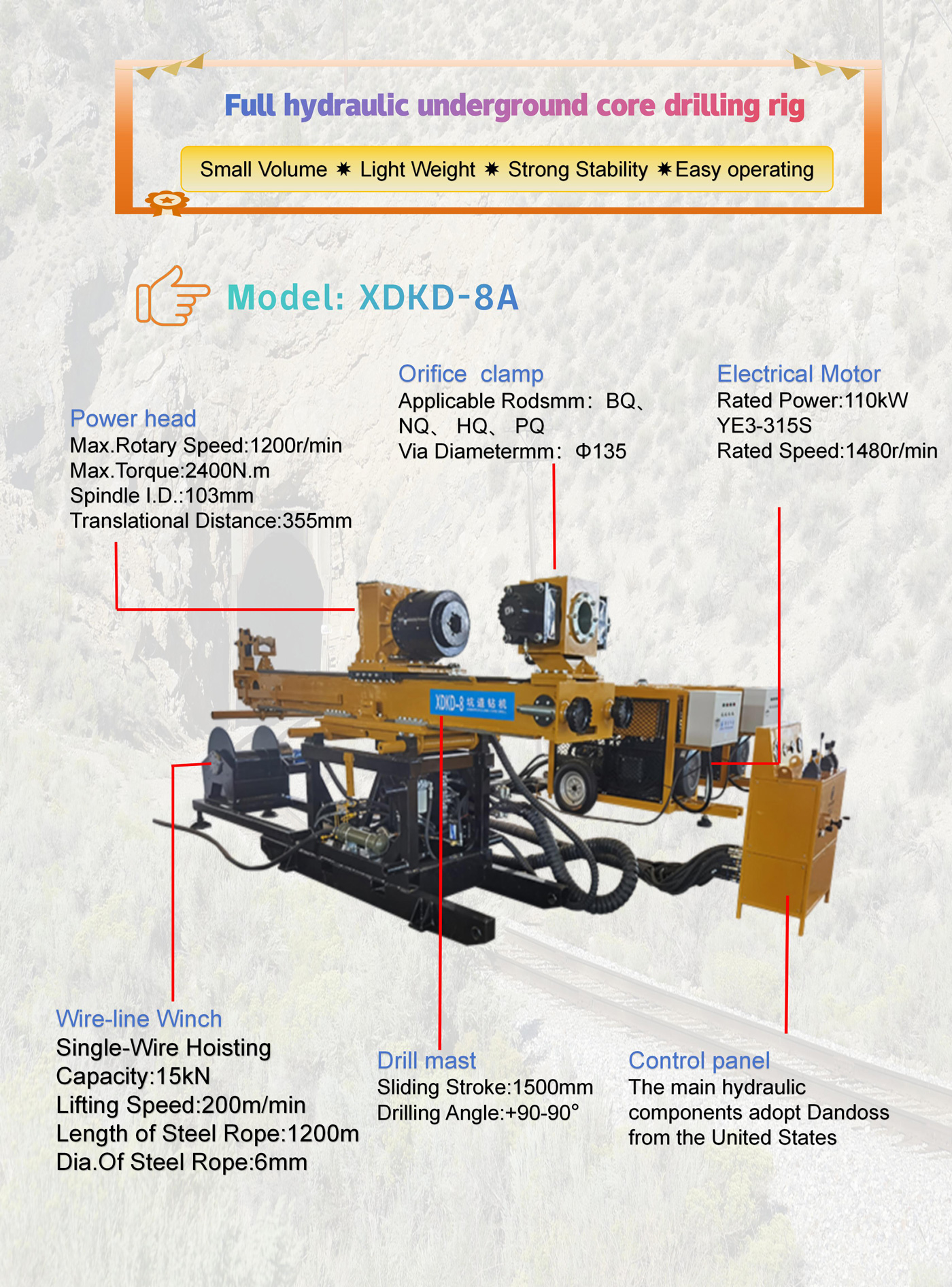 Equipo de perforación subterránea completamente hidráulico XDKD-8